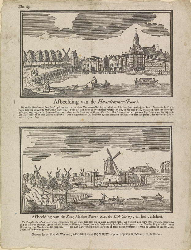 Eine alte Buchseite mit einer Stadtansicht-Illustration, die Gebäude, Bäume, Menschen, Boote und Windmühlen zeigt, sowie begleitenden Text.