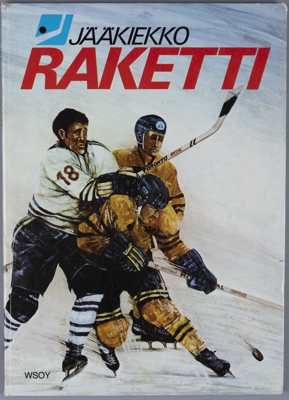 Buchumschlag mit dem Titel "Jääkiekko Raketti", der drei Menschen beim Eishockeyspielen mit Hockeystöcken auf einer flachen Oberfläche zeigt.