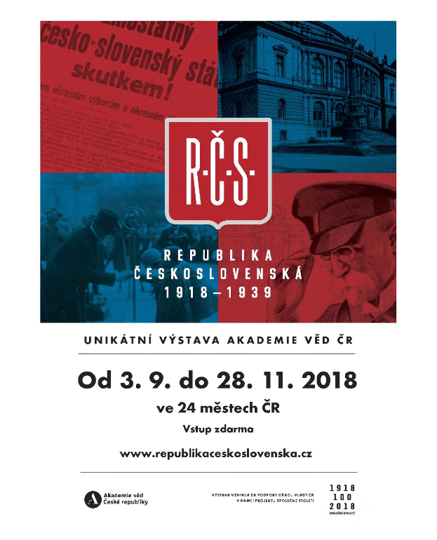 Plakat für die Tschechoslowakische Republik (Tschechische Republik) mit einem Mann in Hut und einer Frau in Kleidung, die vor einem Gebäude stehen, mit begleitendem Text.