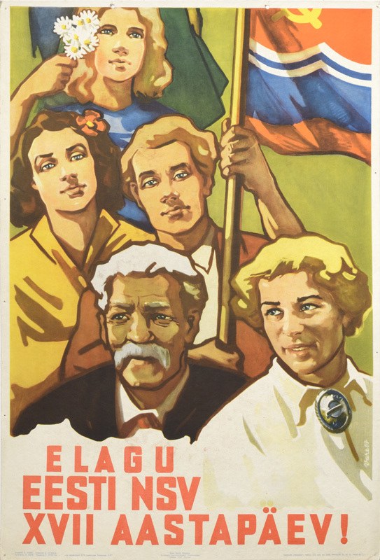 Soviet propaganda poster depicting a group of people holding a flag with accompanying text.
