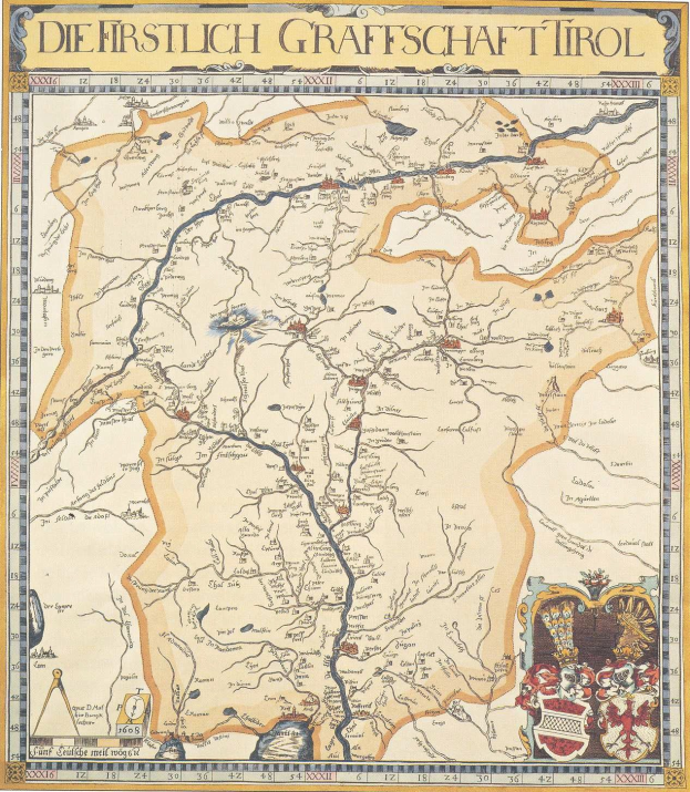 A poster of a historical map of Grafschaft Tirol, featuring geographical details like rivers, mountains, and cities, alongside text describing the region and its inhabitants.