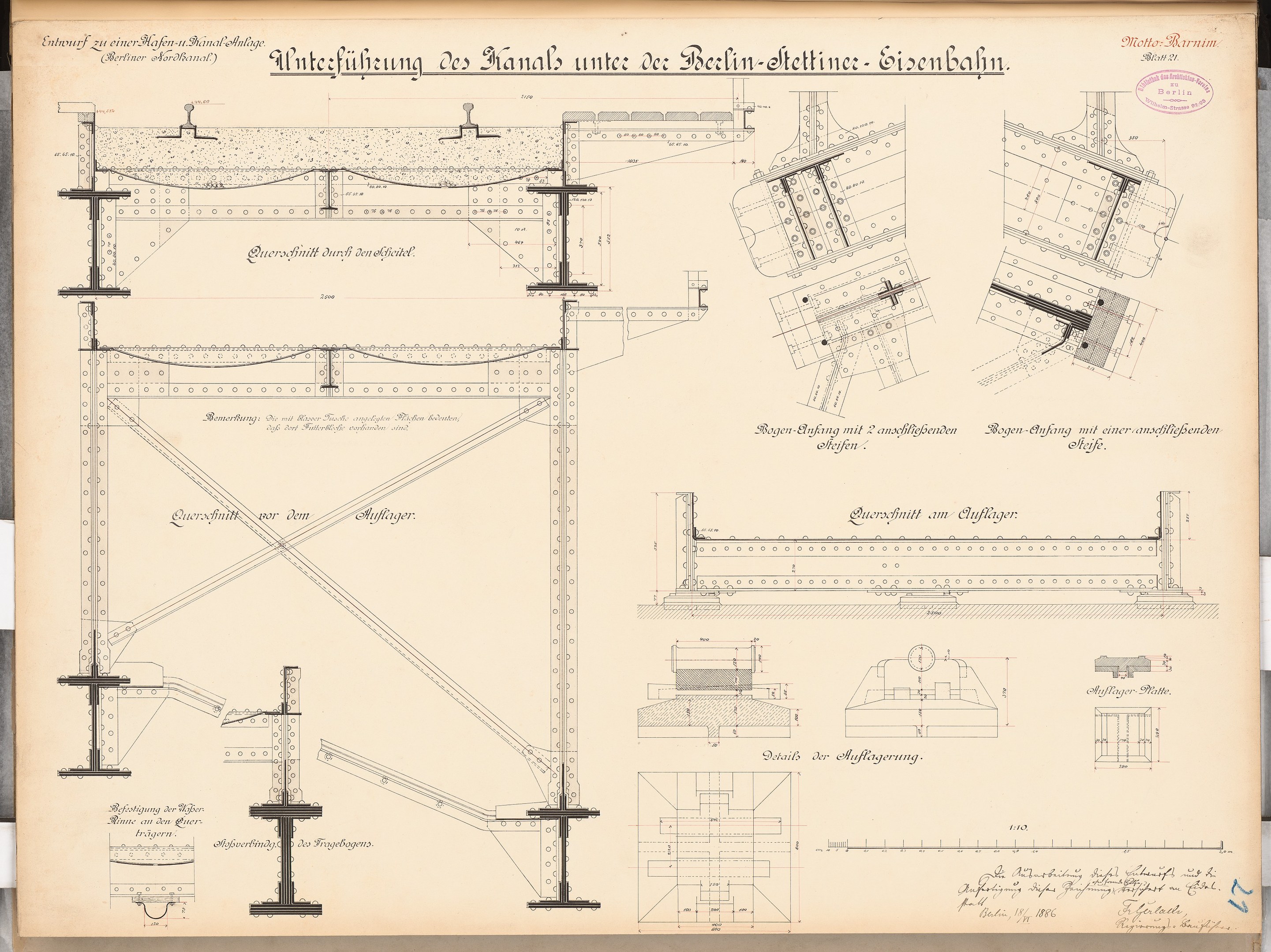 Ein detailliertes architektonisches Drawing der Berlin-Sienbahnbrücke, das strukturelle Pläne und Anmerkungen auf Papier zeigt.