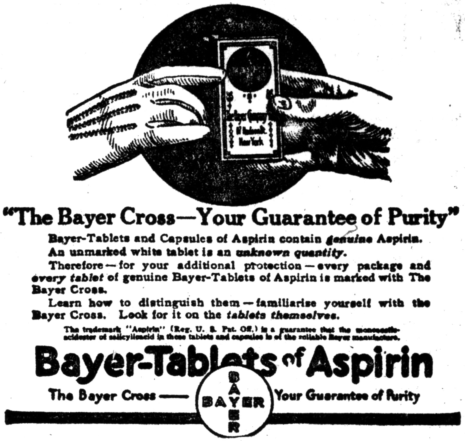 Plakat mit einem Schwarz-Weiß-Bild einer Hand, die eine Bayer-Aspirin-Tablette hält, und dem Text "Das Bayer-Kreuz - Ihre Garantie für Reinheit" darunter.