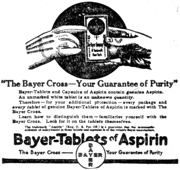 Plakat mit einem Schwarz-Weiß-Bild einer Hand, die eine Bayer-Aspirin-Tablette hält, und dem Text "Das Bayer-Kreuz - Ihre Garantie für Reinheit" darunter.