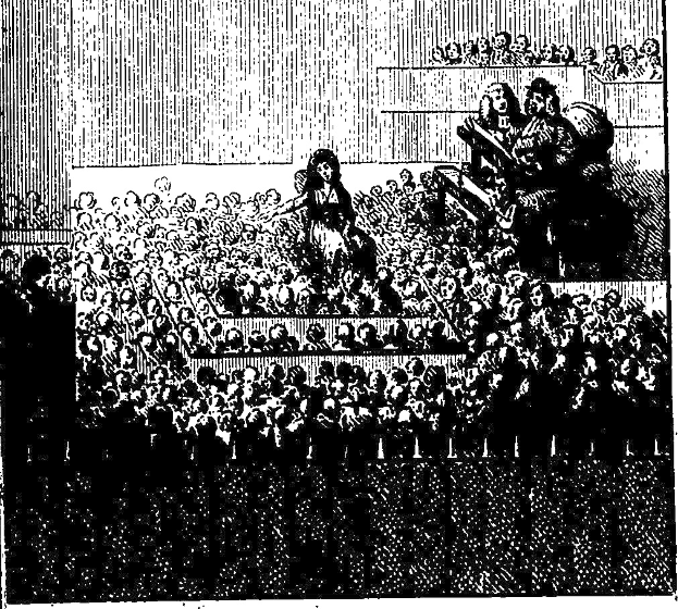 Schwarzes und weißes Zeichnung eines Theaterpübikums mit sitzenden und stehenden Figuren, mit "The New York Times"-Text unten.