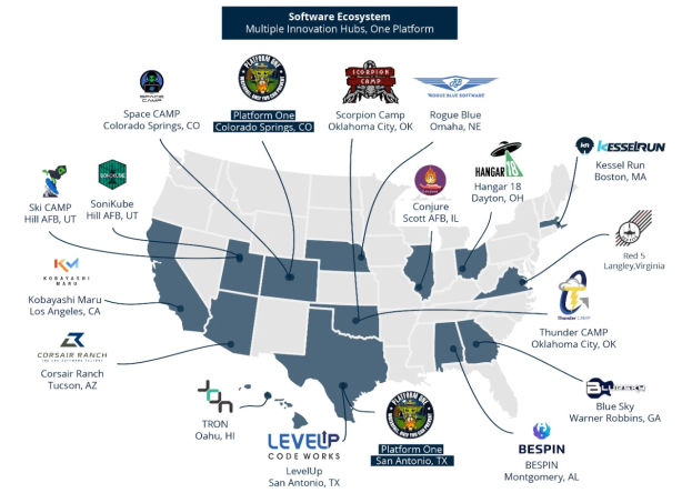 Eine Karte der Vereinigten Staaten mit Firmenlogos, die Standorte des Software-Ökosystems markieren und begleitenden Text, der weitere Details bereitstellt.
