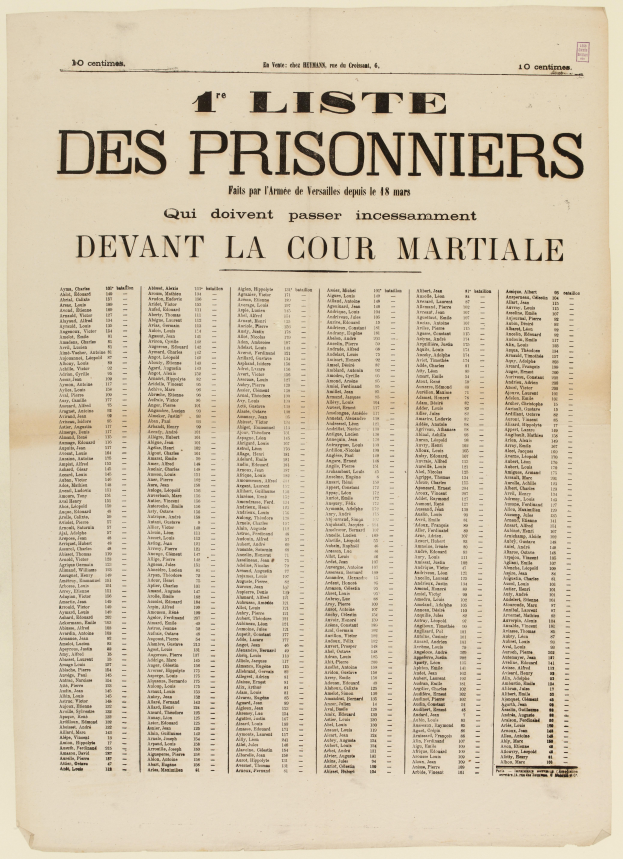 Eine vergilbte, alte Zeitung mit einer Liste von Gefangenen in zwei Spalten, eine für die Gefangenennummern und die andere für die Namen, in schwarzer Tinte gedruckt.