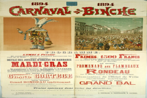 Ein altes Plakat wirbt für ein Karnevalsfest in Banche, Frankreich, mit Illustrationen von Menschen, Gebäuden und Text.
