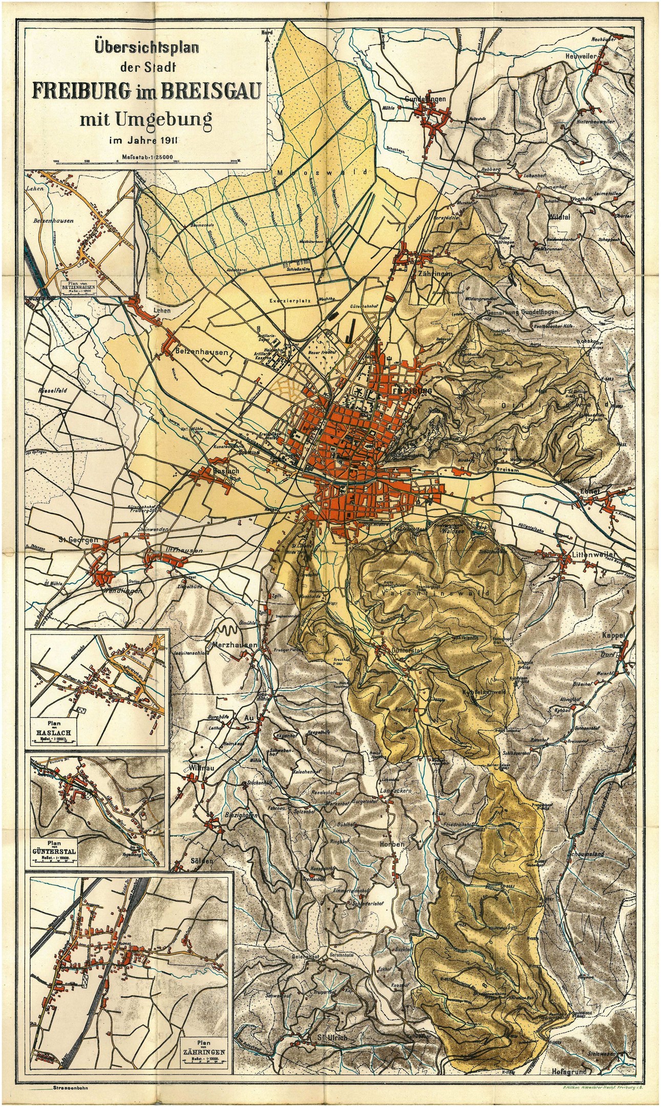 Detailed old map of Freiburg, Germany, with text at the top and bottom, showing streets, buildings, and landmarks.