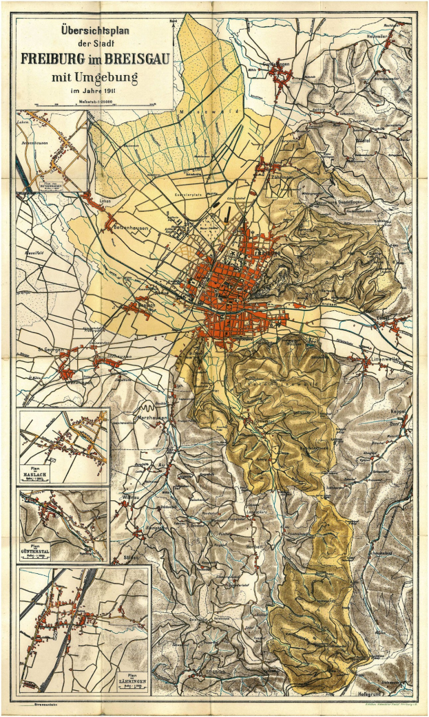 Detailed old map of Freiburg, Germany, with text at the top and bottom, showing streets, buildings, and landmarks.