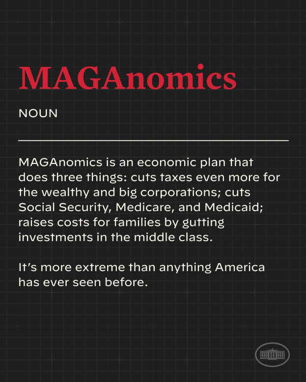 Plakat mit fettem schwarzem Text auf einem weißen Hintergrund, der von einem schmalen schwarzen Rand eingerahmt ist und "Maganomics: Ein Wirtschaftsplan, der drei Dinge tut - Steuern für Wohlhabende und große Unternehmen weiter senkt." besagt.