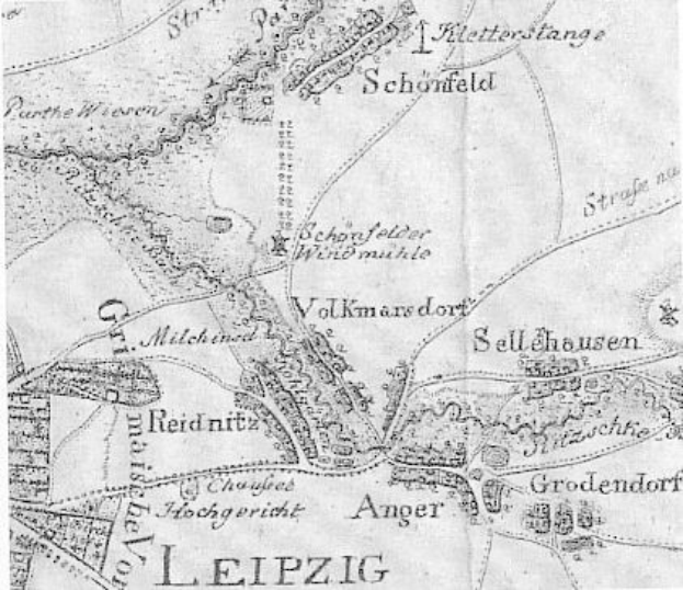 Detailed old map of Leipzig, Germany, showing streets, buildings, and landmarks with additional text annotations.
