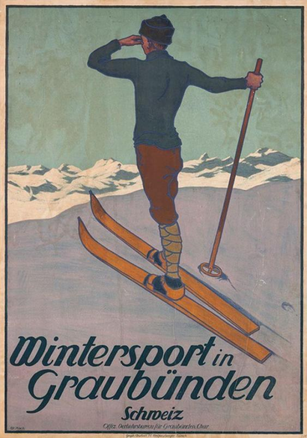 Plakat für einen Wintersport in Graubünden, Schweiz, mit einer Person auf Skiern vor schneebedeckten Bergen und Textinformationen zum Event.