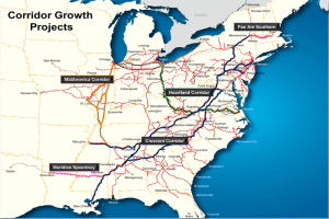 Ein Plakat mit einer detaillierten Karte der Vereinigten Staaten, die Straßen und Highways hervorhebt, betitelt mit "Corridor Growth Projects" in fetter schwarzer Schrift auf einem hellblauen Hintergrund.