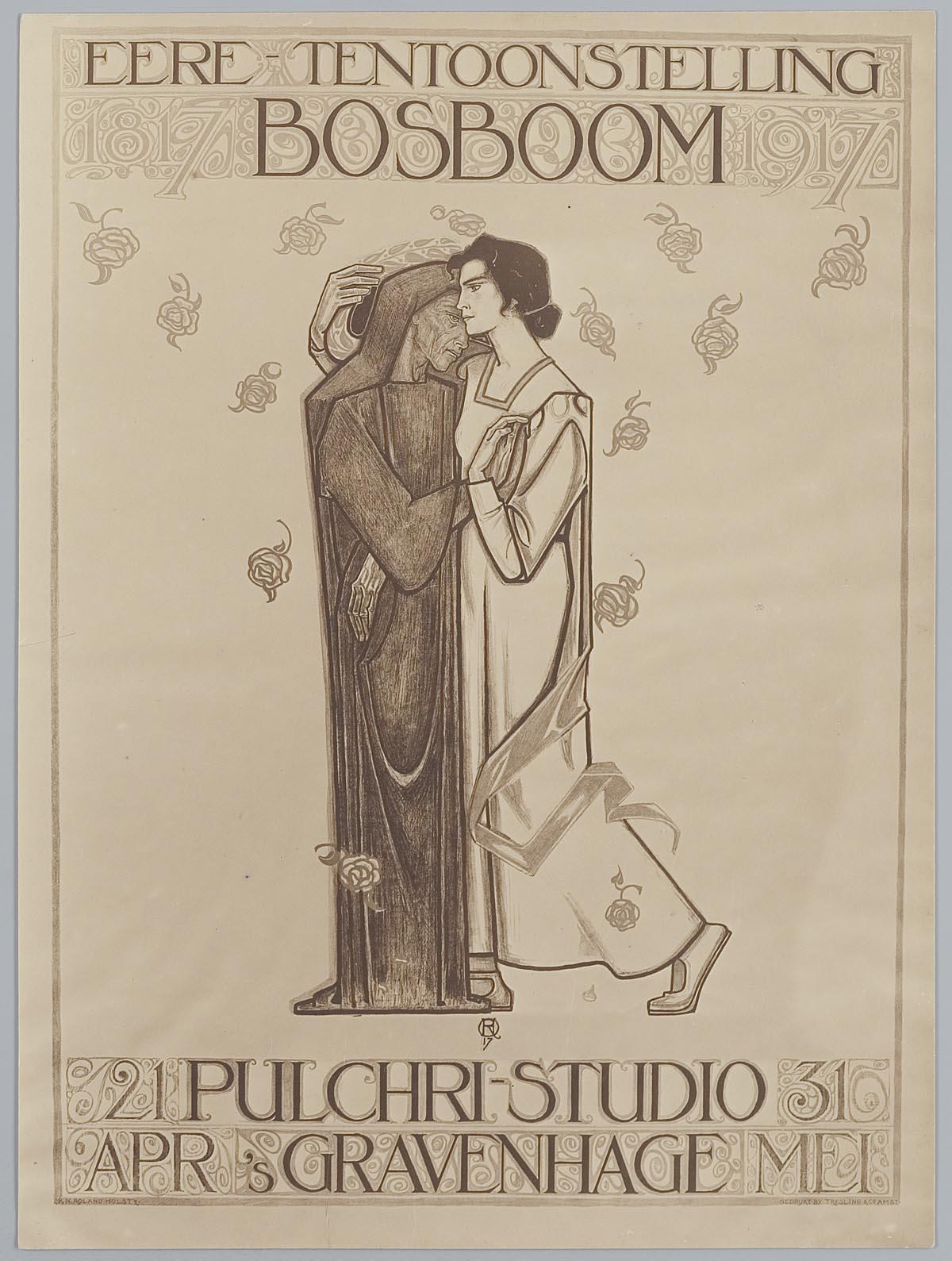 Ein Konzertplakat, das einen Mann in einem Anzug und eine Frau in einer Schürze zeigt, die nebeneinander stehen und ernst schauen, begleitet von Text auf dem Plakat.