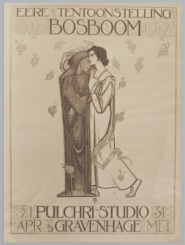 Ein Konzertplakat, das einen Mann in einem Anzug und eine Frau in einer Schürze zeigt, die nebeneinander stehen und ernst schauen, begleitet von Text auf dem Plakat.