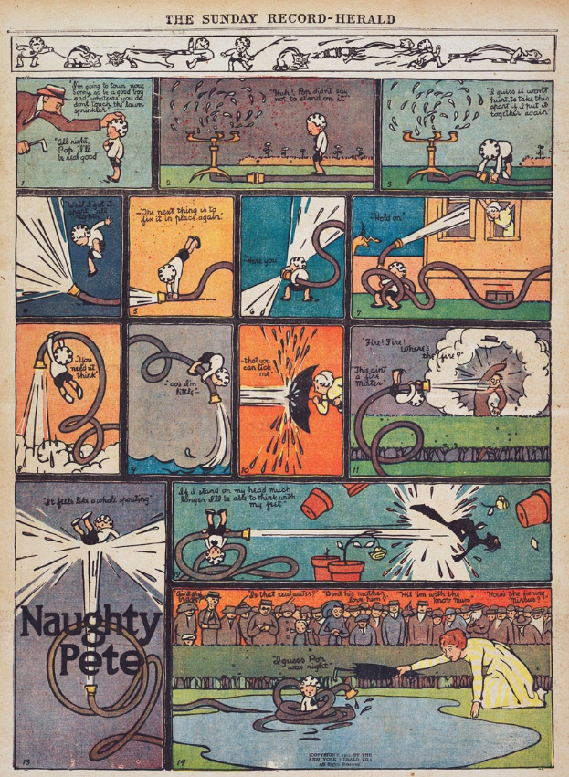 Zeichnung eines Mannes in Anzug und Krawatte innerhalb eines Comic-Strips umgeben von Text.