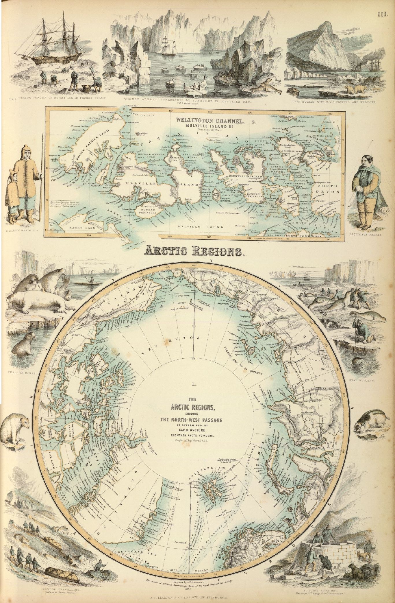 Altes Buch mit einer illustrierten Landkarte der Arktisregion, die Menschen, Tiere und Text zeigt.