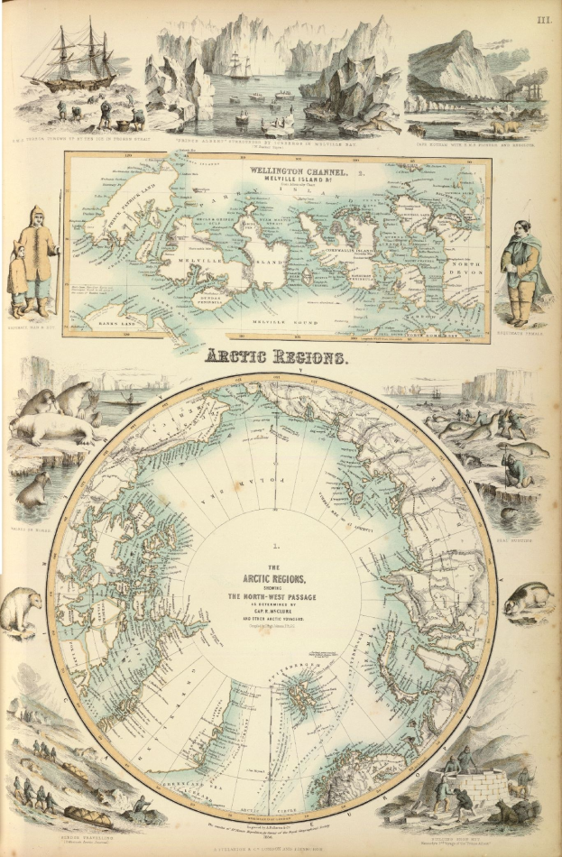 Altes Buch mit einer illustrierten Landkarte der Arktisregion, die Menschen, Tiere und Text zeigt.