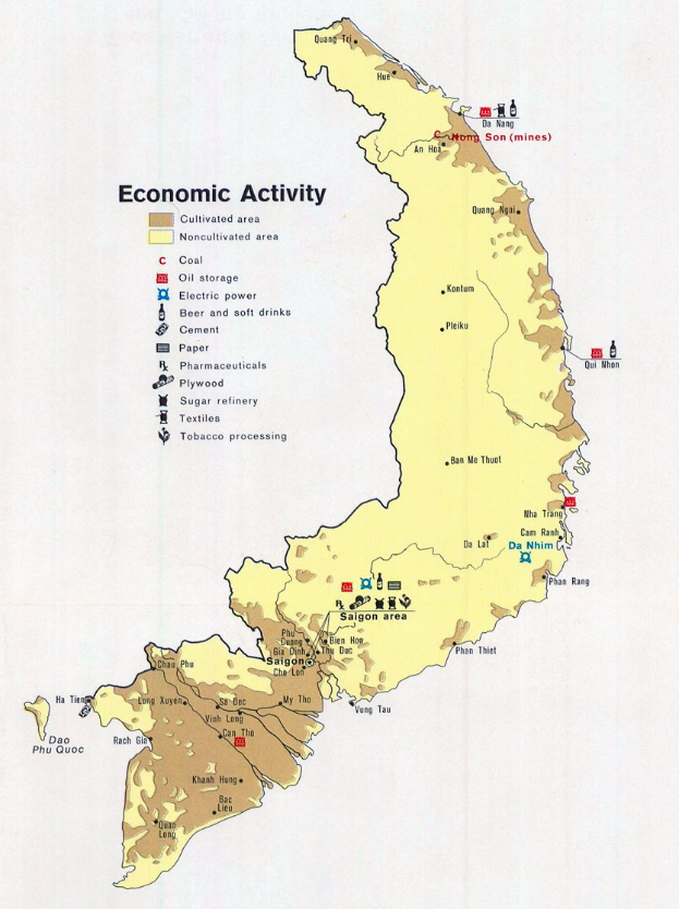 A poster of a Vietnam economic activity map with symbols and labels in blue, green, and yellow hues.