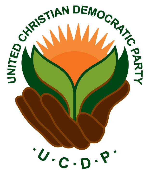 Logo der Vereinigte Christdemokratische Partei (UCDP): eine Hand, die eine leuchtend gelbe Blume mit einem grünen Stiel und Blättern hält, mittig in einem blauen und gelben Kreis auf einem weißen Hintergrund, mit der schwarzen Schrift "UCDP" darunter.