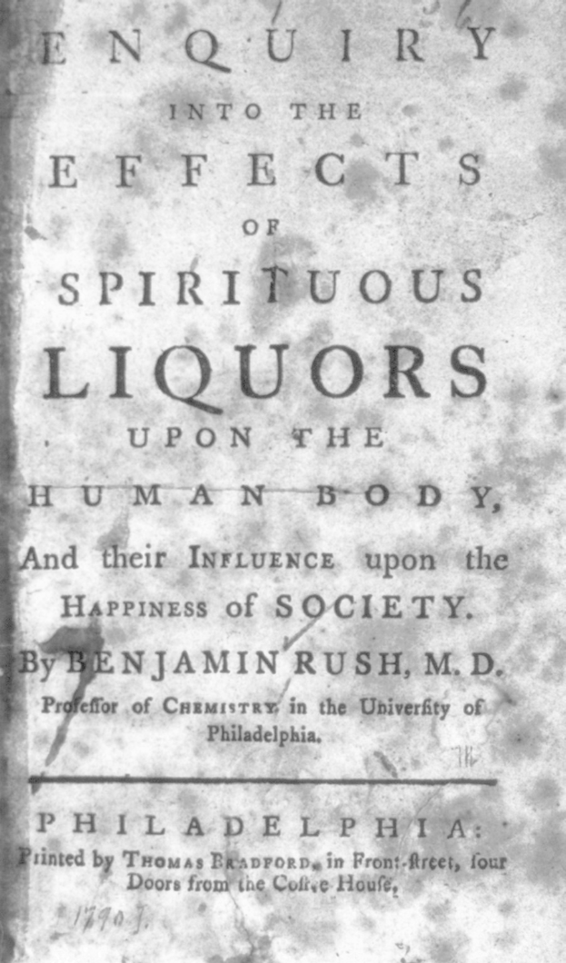 Old book titled "Enquiry into the Effects of Spiritual Liquors Upon the Human Body and Their Influence Upon the Happiness of Society" with text suggesting essays on alcohol's societal and health impacts.