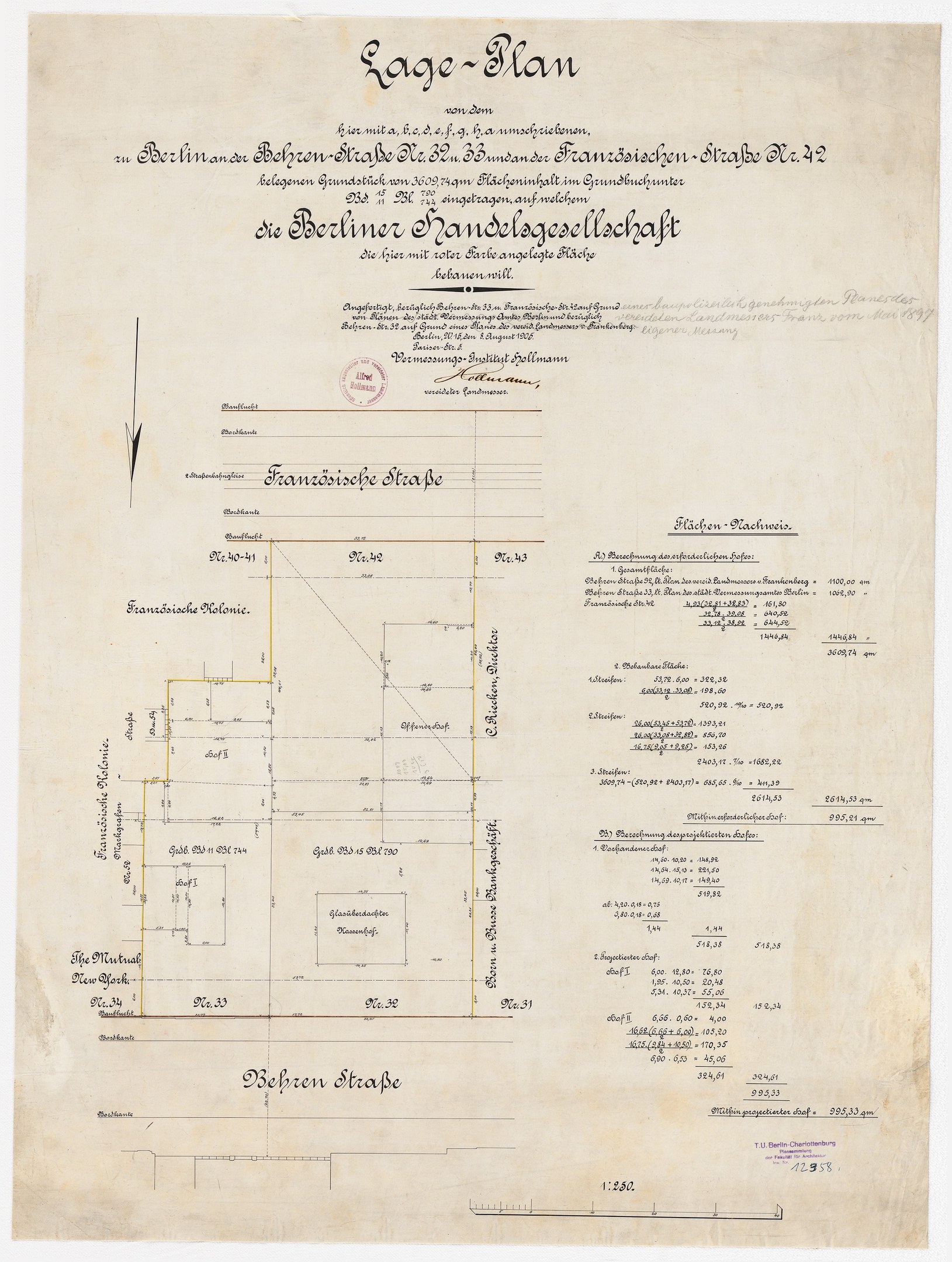 Old document with a detailed floor plan of the Berliner Handelagellachaft building, featuring handwritten text and a stamp on the left side.