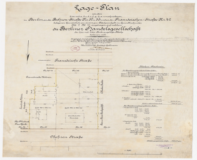 Old document with a detailed floor plan of the Berliner Handelagellachaft building, featuring handwritten text and a stamp on the left side.