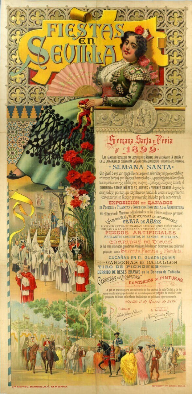Plakatankündigung für ein Fest in Sevilla, Spanien, mit einer Frau in traditioneller Tracht umgeben von Menschen, Pferden, Bäumen und Blumen mit Text über das Ereignis.