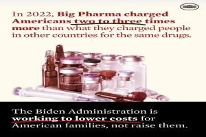 Ein Plakat mit dem Text, dass Big Pharma 2022 Americans zwei bis drei Mal so viel für Medikamente berechnet hat wie in anderen Ländern, mit ein paar Flaschen und einer Spritze darunter.
