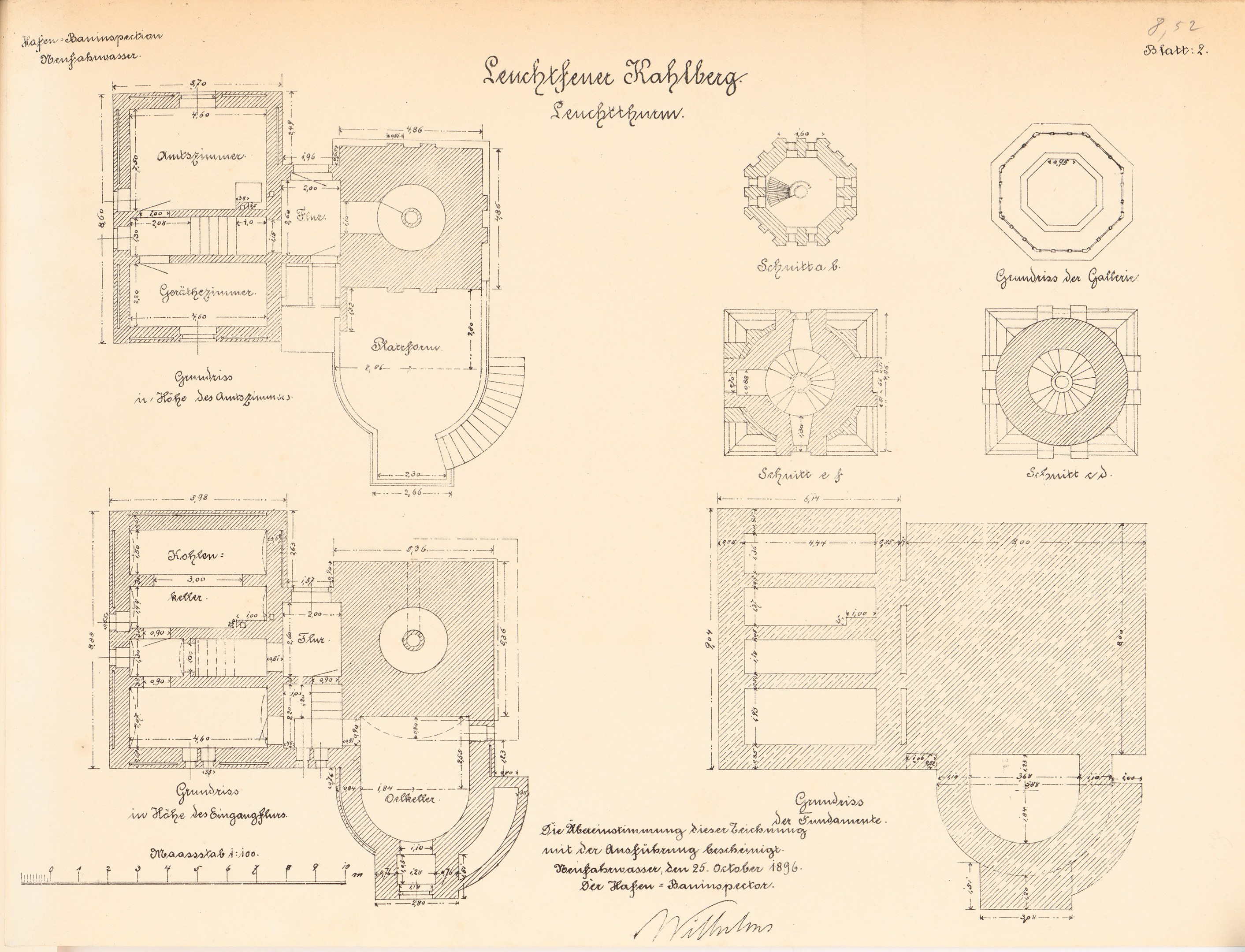Old book open to a detailed floor plan drawing of the Leuchtführerhof building in Hamburg, Germany, with labeled rooms and architectural features.