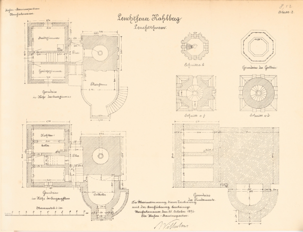 Old book open to a detailed floor plan drawing of the Leuchtführerhof building in Hamburg, Germany, with labeled rooms and architectural features.