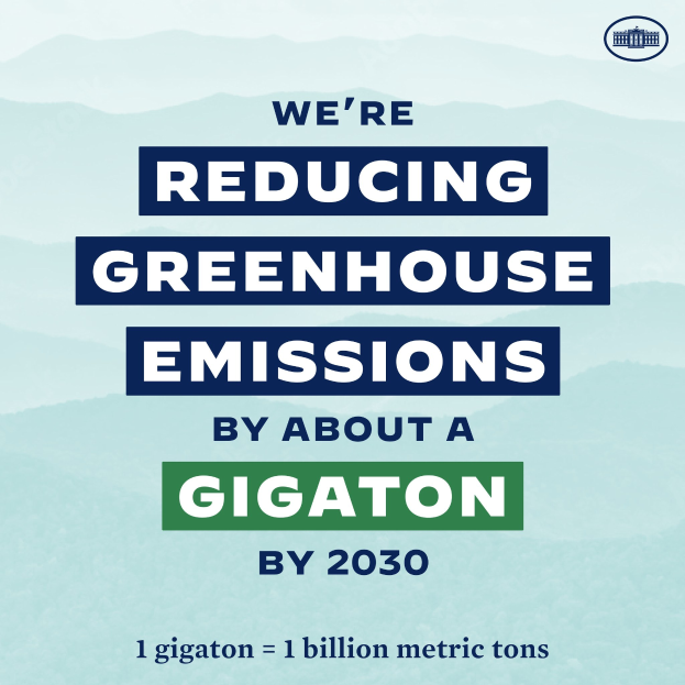 Ein Plakat mit Text und Logo, das 'Wir reduzieren die Treibhausgasemissionen um etwa eine Gigatonne bis 2030' verkündet und für eine signifikante Reduzierung der Treibhausgase bis 2030 wirbt.