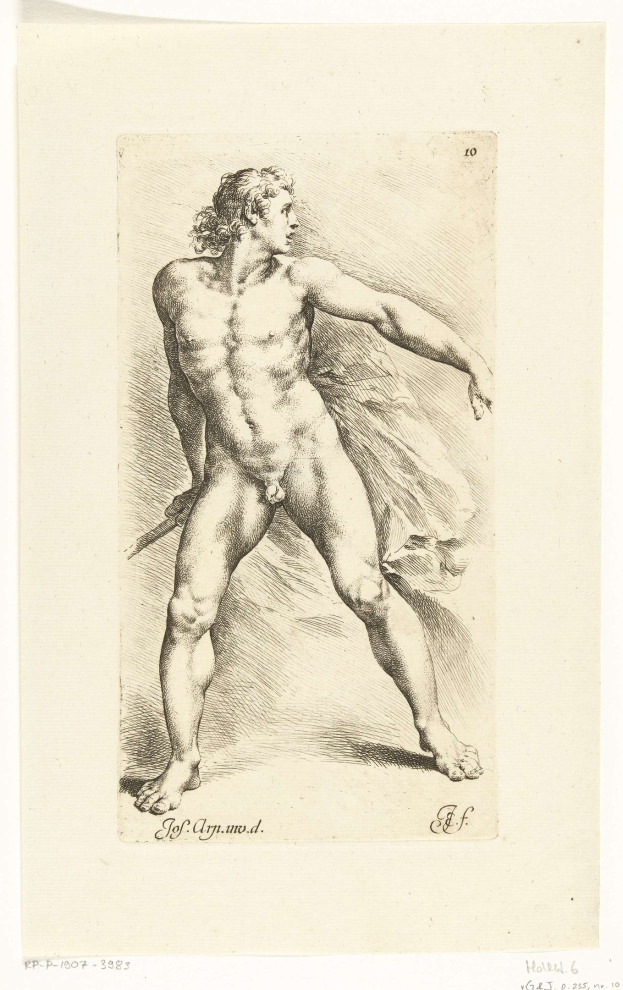A drawing by Raphael from 1797–1803 depicting a nude man in a heroic pose, holding a sword, with detailed facial features and ornate clothing against a deep blue background.