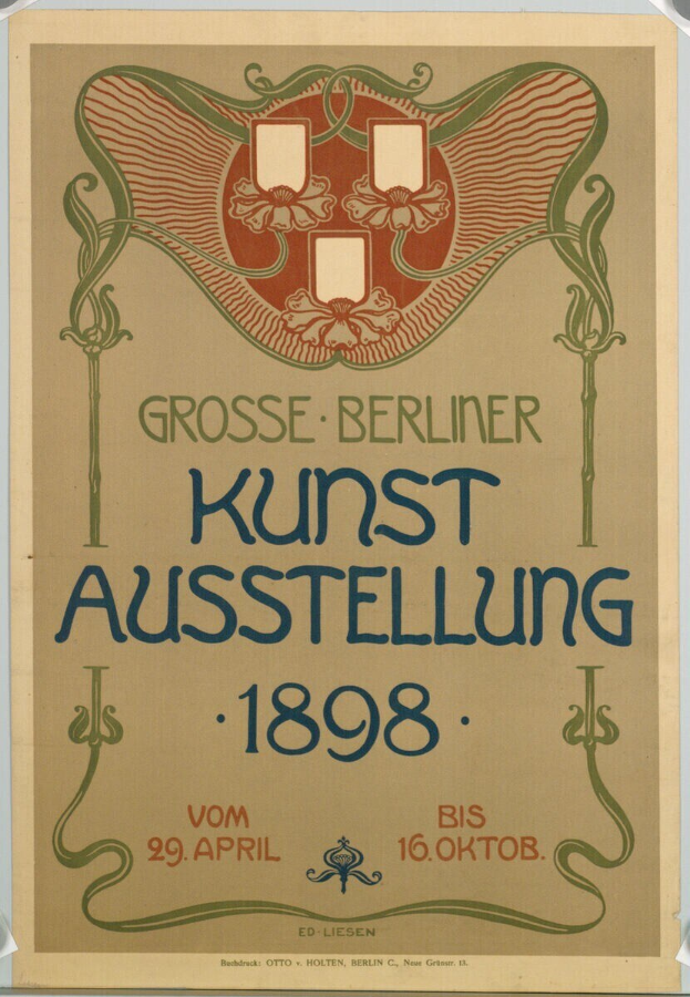 Poster for the Kunst Ausstellung 1898 in Berlin, Germany, featuring text describing the event.