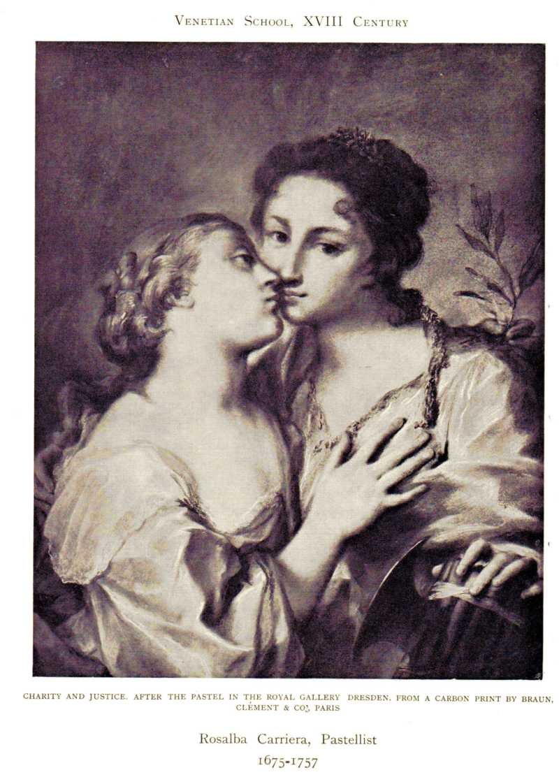 Two women kissing on a poster with text at the bottom reading "Charity and Justice After the Pastel in the Royal Gallery, Dresden, from a Carbon Print by Braun".
