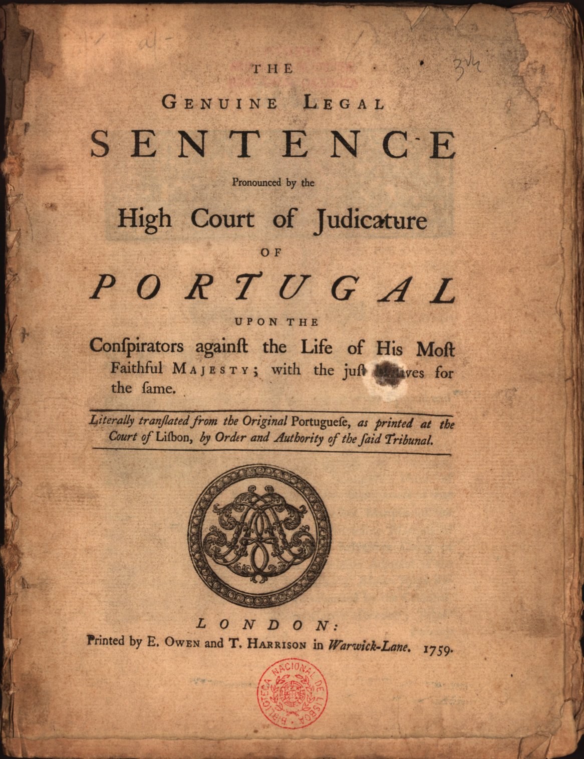 Old book with black background, featuring a stamp and text reading "The Genuine Legal Sentence of the High Court of Judiciary of Portugal".
