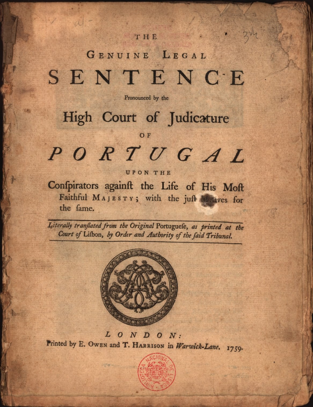 Old book with black background, featuring a stamp and text reading "The Genuine Legal Sentence of the High Court of Judiciary of Portugal".