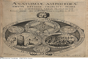 Ein aufgeschlagenes Buch mit dem Titel "Anatomia Amphithea", das eine Zeichnung eines Mannes mit ernstem Gesichtsausdruck zeigt, der ein weißes Hemd und dunkle Hosen trägt und vor einem hellblauen Hintergrund steht.