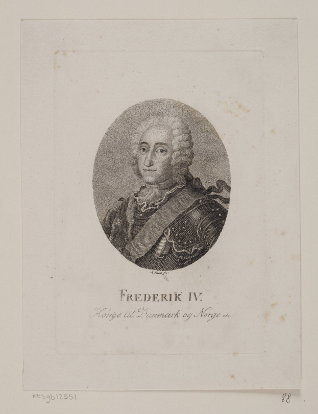 Schwarz-weißes Porträt von Friedrich IV., König von Norwegen, mit Text auf dem Papier.