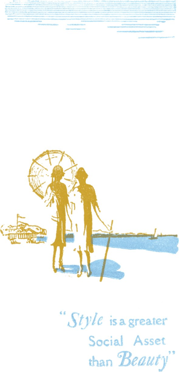 Plakat mit minimalistischem weißen Hintergrund und hellblauem Rahmen, das zwei Menschen in einer Umarmung zeigt, mit der fett geschriebenen Überschrift "Stil ist ein größeres soziales Kapital als Schönheit" darüber.