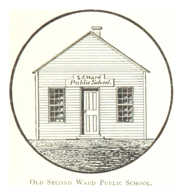 Ein zweistöckiges Backsteinschulgebäude mit einem zentralen Haus mit einer Tür und Fenstern, beschriftet mit "Zweite Ward Public School" unten.