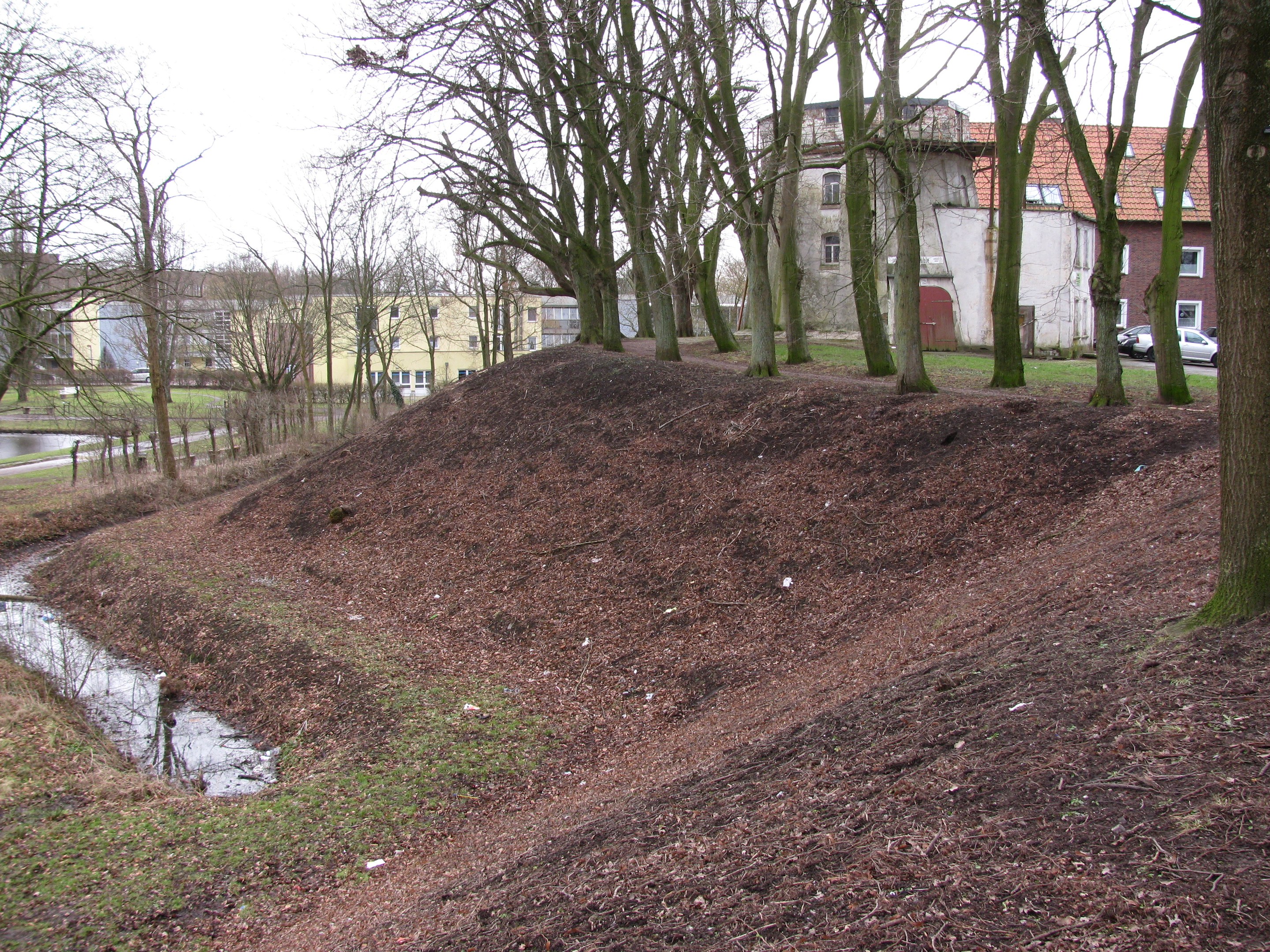 Large pile of mulch in a park surrounded by trees, grass, water, buildings, vehicles, and a clear blue sky.