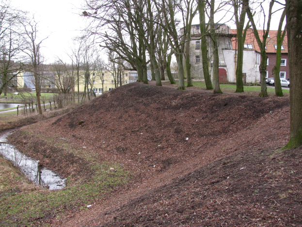 Large pile of mulch in a park surrounded by trees, grass, water, buildings, vehicles, and a clear blue sky.
