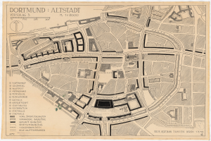 Ein detaillierter alter Stadtplan von Dortmund, Deutschland, mit Text, der einen √úberblick √ľber das Gebiet gibt.