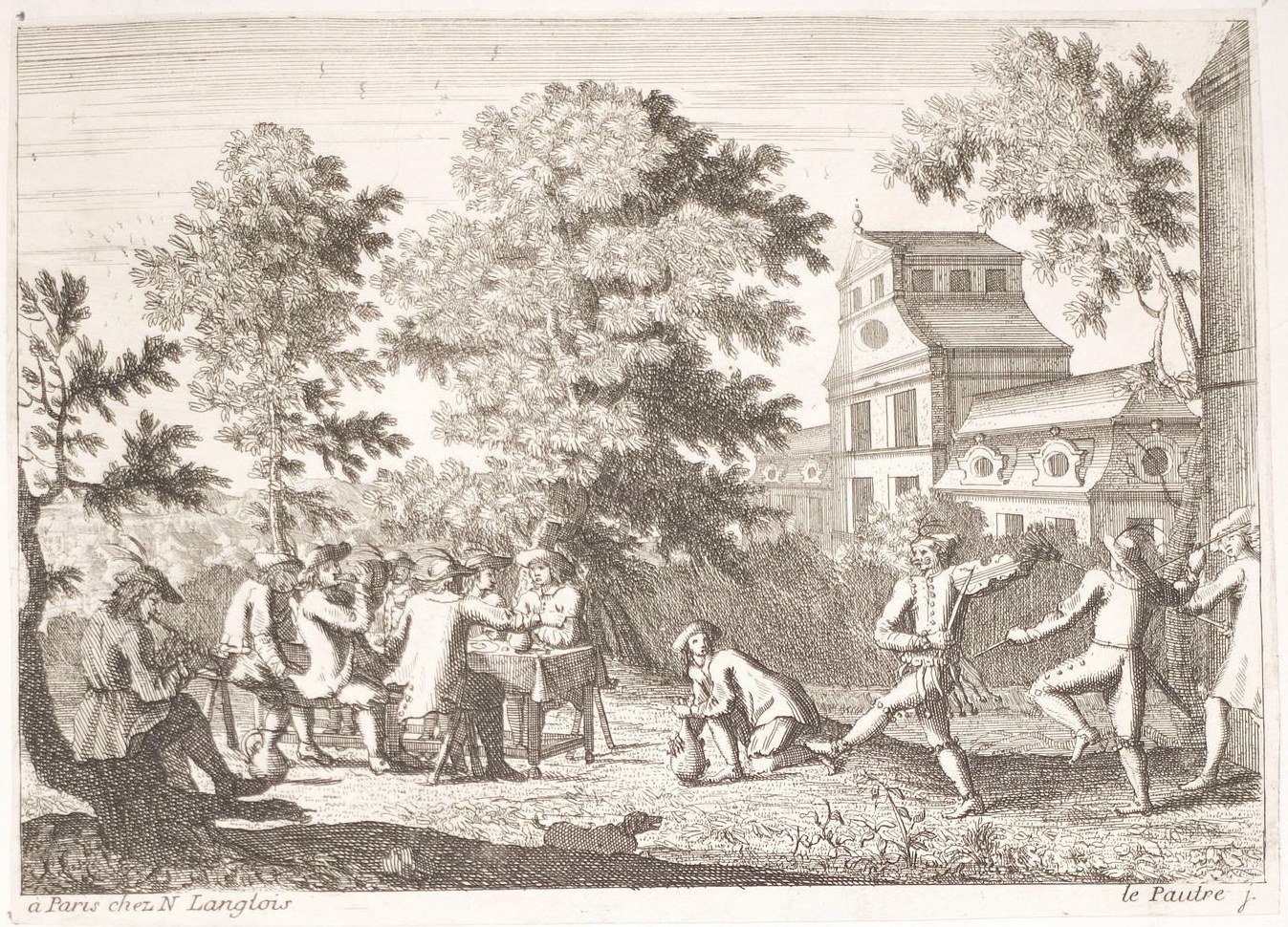 Gruppe von Menschen, die in einem Park ein Spiel spielen, umgeben von Bäumen und einem Gebäude im Hintergrund, Text unten sichtbar.