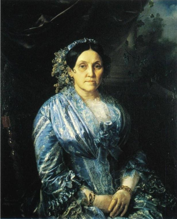 Painting of a woman in a blue dress with a dark background, titled "Mother of the Artist" at the bottom.