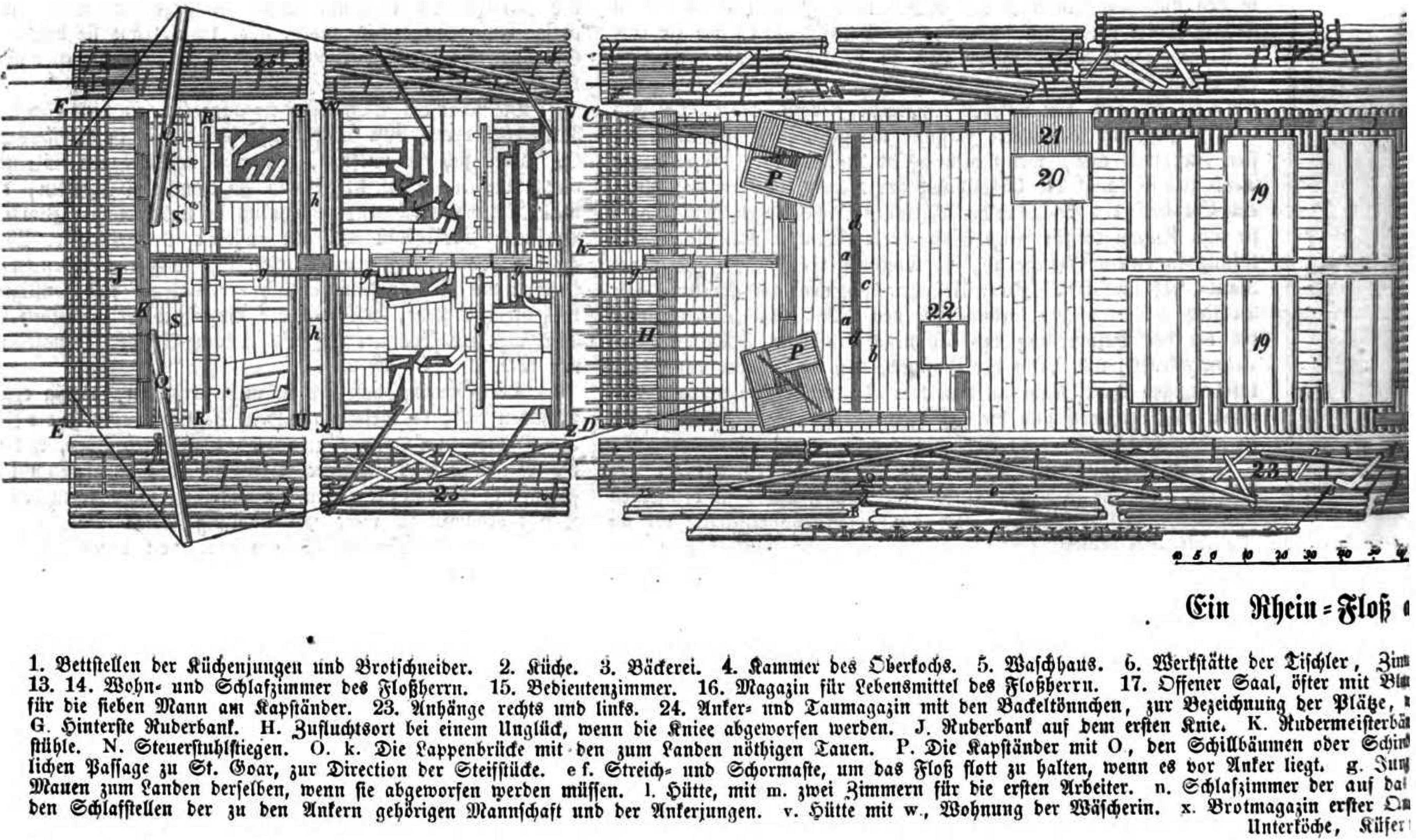 Schwarz-weiß-Zeichnung eines zweistöckigen Gebäudes mit vielen Fenstern und einer zentralen Tür, das als erstes deutsches Haus im 18. Jahrhundert erbaut wurde, begleitet von Text auf demselben Papier.