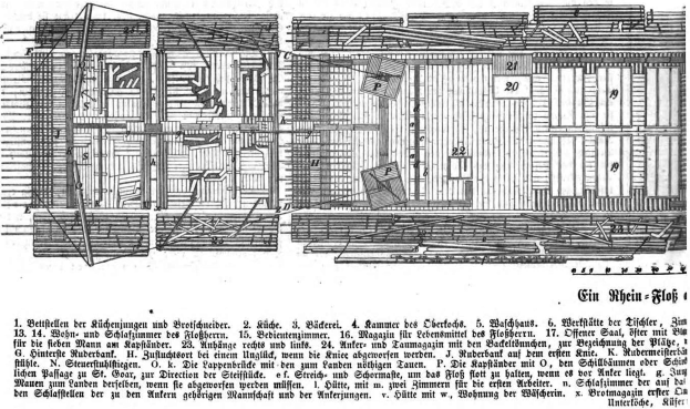 Schwarz-weiß-Zeichnung eines zweistöckigen Gebäudes mit vielen Fenstern und einer zentralen Tür, das als erstes deutsches Haus im 18. Jahrhundert erbaut wurde, begleitet von Text auf demselben Papier.