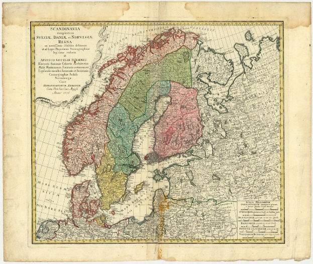 Old map of Scandinavia highlighting Sweden and Norway with handwritten text on aged paper.